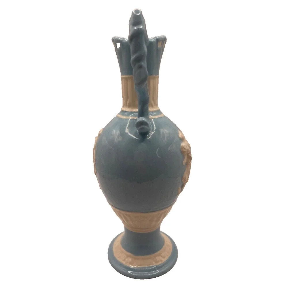 Vintage Light Blue Ceramic Greek Mythology Mini Ewer Vase